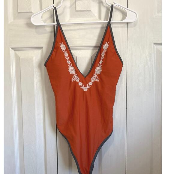 Aerie Orange Embroidered Plunge Neck One Piece Swimsuit Size Small - Picture 1 of 6